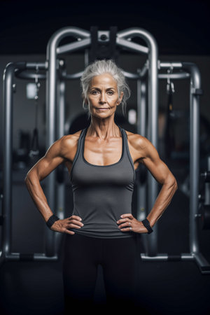 Older Caucasian woman standing in front of a gym machineの素材