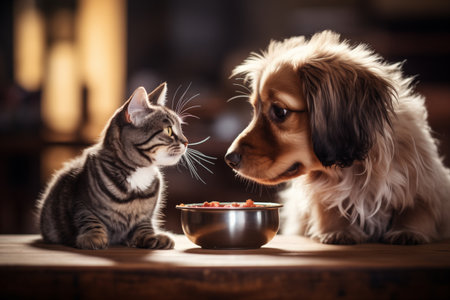 A dog and a cat are eating food together from a shared bowlの素材