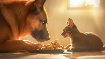 A dog and a cat are eating together from a shared plateの素材