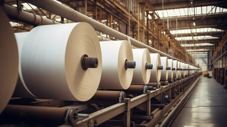 Rolls of paper moving along a conveyor belt in a factory settingの素材