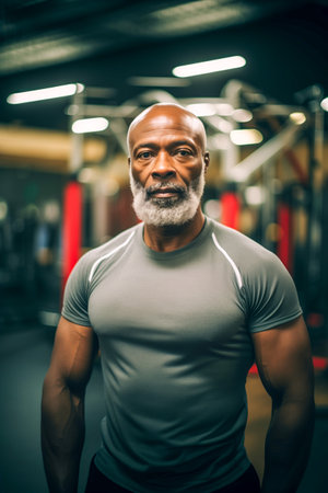 Black middle-aged man with white beard wearing a gray shirt exercising in a gymの素材