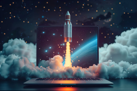 A rocket blasting off from the top of a laptop, illustrating a startup conceptの素材