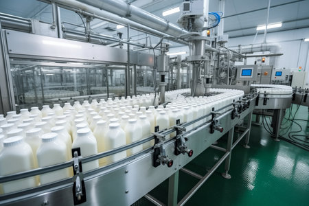 A dairy plant showcasing a production line filled with numerous bottles of milkの素材