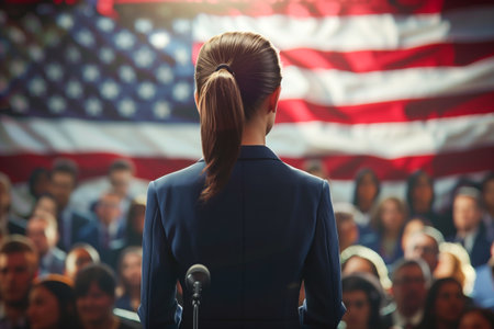 A woman politician stands at a podium addressing a crowd with an American flag in the backgroundの素材