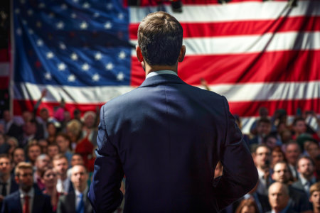 Politician standing in front of a national flag during speech to the crowdの素材