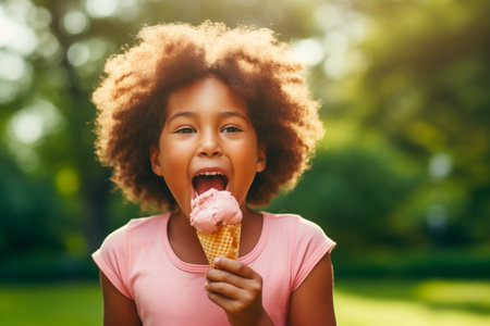 A young black girl enjoying an ice cream coneの素材