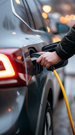 Hand connecting an electric car to a charging stationの素材