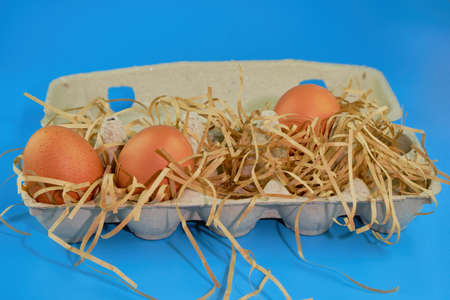 Raw eggs are laid on straw in an egg carton. Close-up, copy space. The concept of healthy eating and Easter. Blue background.の写真素材