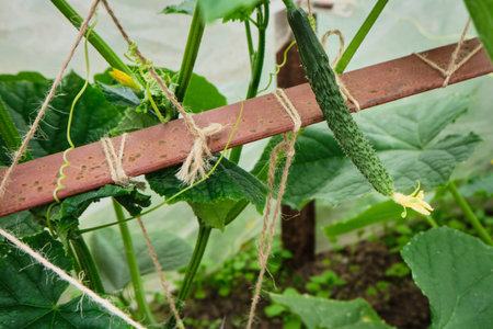 Ripe cucumber grows on a bed in a greenhouse. Fresh vegetables in the garden in the country house....