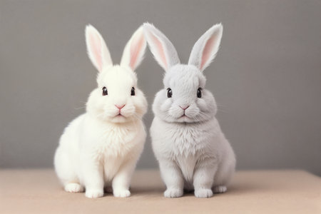 two white rabbits sitting next to each other on a gray background. Easter background. Copy space. Generative Aiの素材