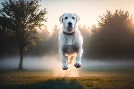 A white dog, a Labrador, running, jumping into the air against the background of trees and fog in the air behind her. Generative aiの素材