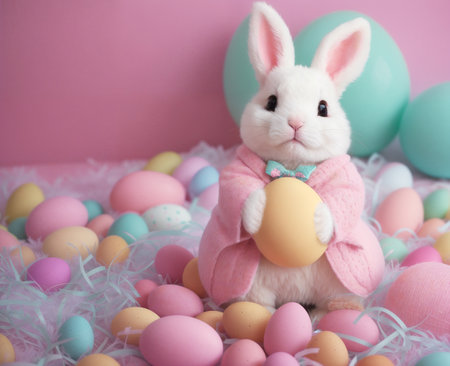 A plush white rabbit in a pink sweater surrounded by colorful eggs on a pink background. Easter background. Generative AIの素材