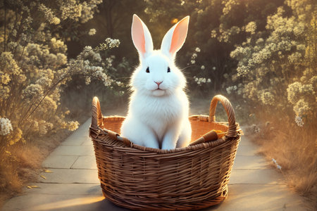 a white rabbit sitting in a basket on the sidewalk, bathed in sunlight, against a background of trees. Generative aiの素材