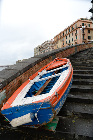 VIew of a boat on a stairs in Naplesの写真素材