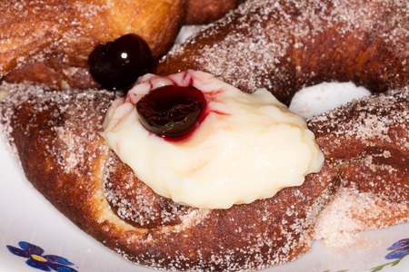 Graffa, neapoitan fried donut made with potato, cream and jamの写真素材