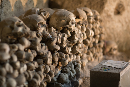 Skull and bones in ancient ossuary, Naplesの写真素材