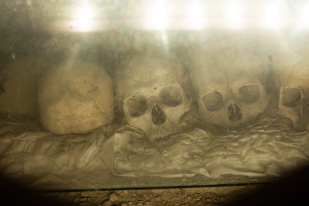 Skull and bones in ancient ossuary, Naples