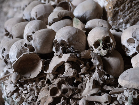 Skull and bones in ancient ossuary, Naples