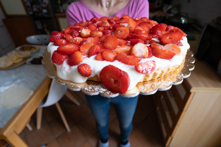 strawberry cake on wooden background, selective focus,の写真素材