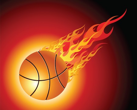 Fiery basketball ball flying downwards on a black backgroundのイラスト素材