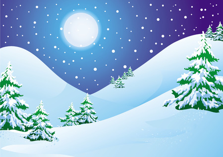 Night winter landscape: snow hills and pinesのイラスト素材