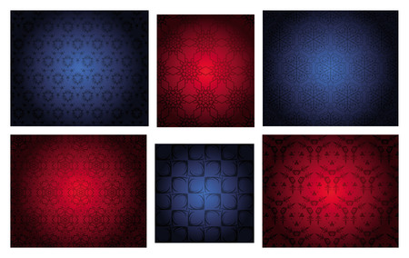 Four  seamless repeat patterns with floral elements and snowflakes, of red and blue Christmas colors. のイラスト素材