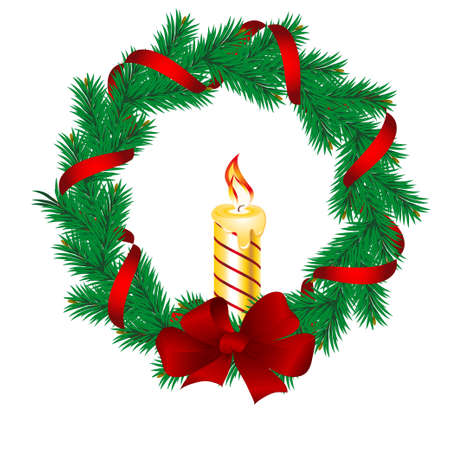 Christmas pine garland decorated with red and golden ribbons.  のイラスト素材