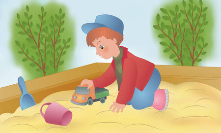 The child is played in a sandbox with toysのイラスト素材