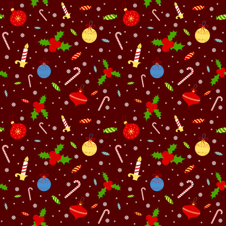 Seamless background pattern. Christmas mittens, candy cane, holly berriesのイラスト素材