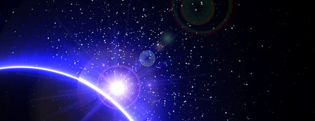 Space background with blue light from behind of the planet