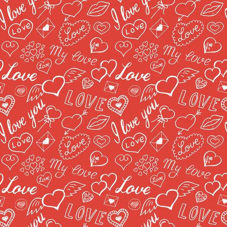 Seamless pattern of hearts and handwriting. valentines dayのイラスト素材