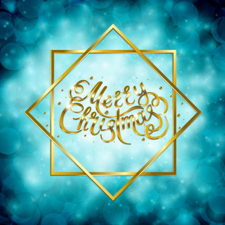 Golden text on blue background. Merry Christmas and Happy New Year lettering.のイラスト素材