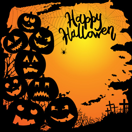 Halloween party invitation with scary pumpkins . Funny and evil pumpkins for halloween design. Vectorのイラスト素材