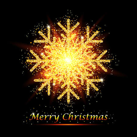 Golden glitter gorgeous snowflake. Luxurious christmas design element with golden glitter snowflake, golden dust and sparkles. Golden snowflake vector illustration.のイラスト素材