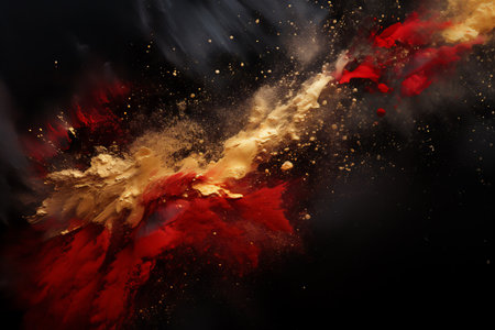 Abstract wavy background. Red and gold acrylic paint on a black background. Imitation marble. Sand inclusions.の素材