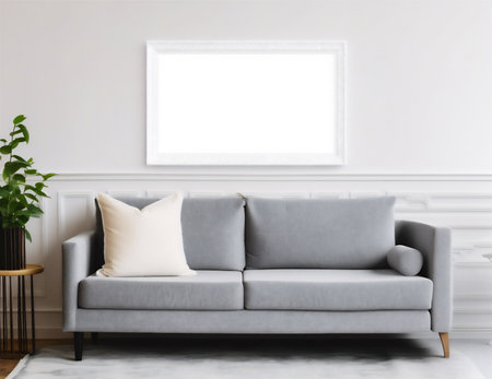 Poster frame mockup in scandinavian style with modern furniture. Minimalist interior design. 3D illustration.の素材