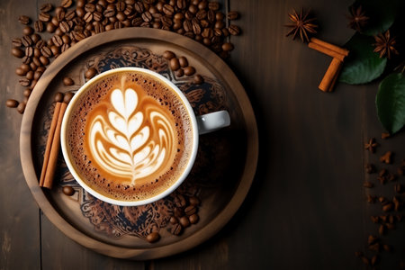 Coffee cup and coffee beans on a wooden background using burlap, cinnamon and various decorations.の素材