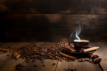 Coffee cup and coffee beans on a wooden background using burlap, cinnamon and various decorations.の素材