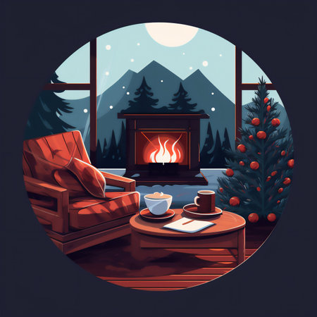 The cozy room is decorated for the New Year and Christmas holidays. Room with fireplace and Christmas tree. Christmas mood.の素材