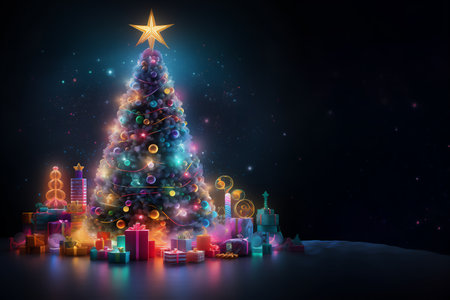 New Year, Christmas tree decorated with toys on a blurred bokeh background.. Christmas mood with Christmas tree and decor.の素材