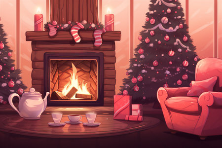 The cozy room is decorated for the New Year and Christmas holidays. Room with fireplace and Christmas tree. Christmas mood.の素材