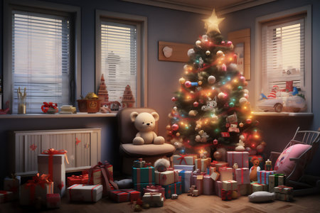 The cozy room is decorated for the New Year and Christmas holidays. Room with fireplace and Christmas tree. Christmas mood.の素材