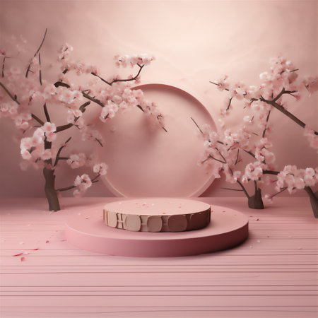 The 3D background products feature a geometric platform in soft pink tones with a sakura branch. Stand for demonstrating cosmetic products. Staged exposure of any product. layout, mockupの素材