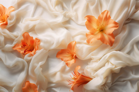 Delicate flowers and petals on a bed of light satin fabric with soft folds and a silky texture. romantic mood. Web banner.の素材