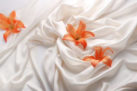 Delicate flowers and petals on a bed of light satin fabric with soft folds and a silky texture. romantic mood. Web banner.の素材