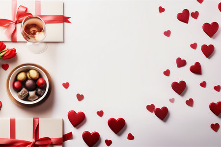 Holiday gift boxes decorated with balloons and many hearts. Greeting card for Valentine's Day. bannersの素材
