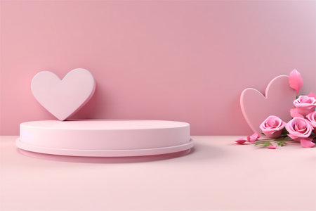3D rendering of a pink podium with a heart shaped gift box for a Valentine's Day surprise. Stand for goods, showcases and magazines.の素材