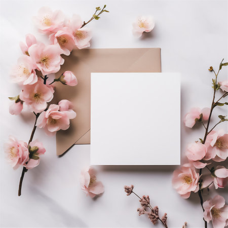 Blank template for congratulations made of craft paper and delicate flowers. Festive card for advertising goods. promotion and sales.の素材