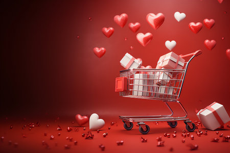 Holiday gift boxes decorated with balloons and many hearts. To congratulate your loved ones on Valentine's Day, wedding day and birthday.の素材