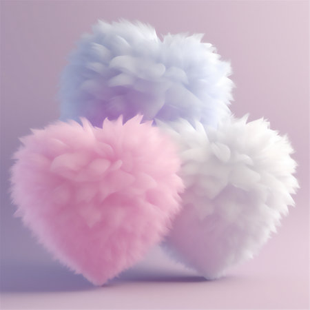 3D rendering illustration of a Valentine's Day heart made of fluffy fur isolated on a pink background. Heart shape red fluffy soft pillow or cushion for Valentine's day loveの素材